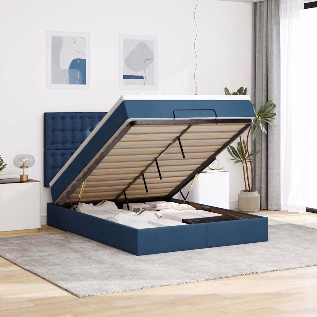 Letto con contenitore e materasso vidaXL in tessuto blu e bianco, dotato di base a sollevamento, illuminazione sottostante e porta di ricarica USB, L/P/H: 193 x 144 x 128 cm