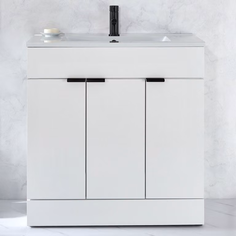 Mobile Bagno a Terra Bianco da 810mm con Lavabo e Maniglie Nere con Impugnatura a Dito - Cluo