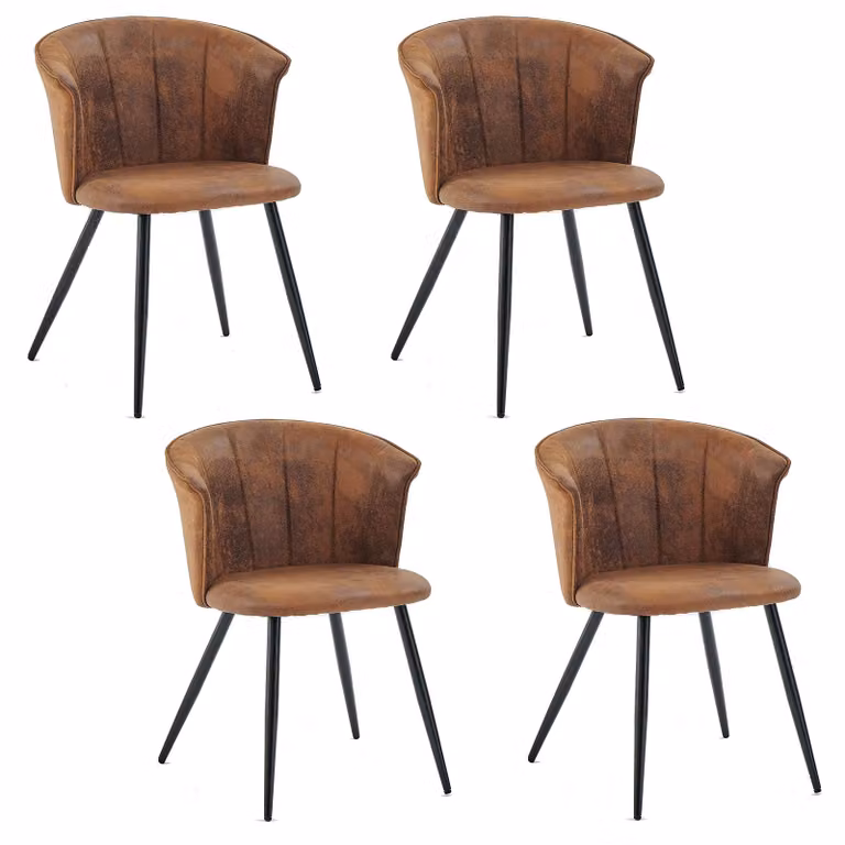 Set di 4 sedie da pranzo in stile retrò, imbottite, con braccioli, rivestite in ecopelle marrone