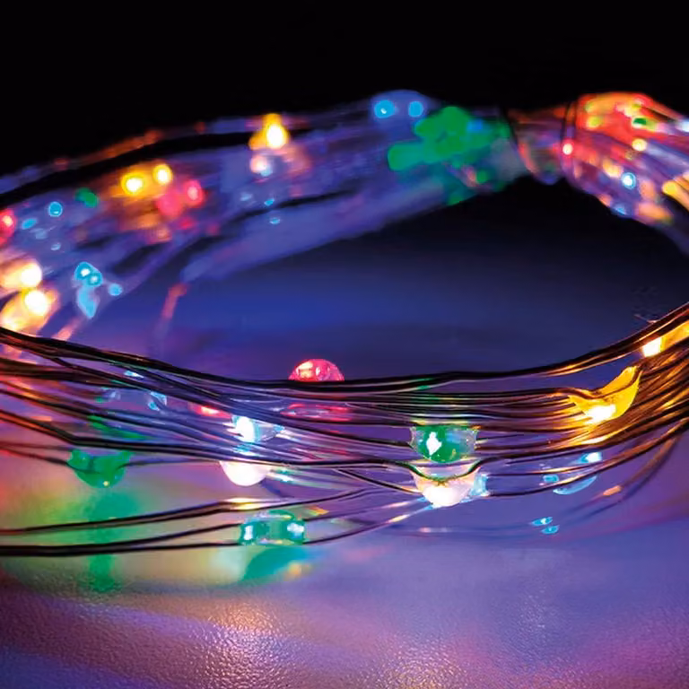Catena luminosa con 40 LED multicolore, filo argentato, lunghezza 2,20 metri