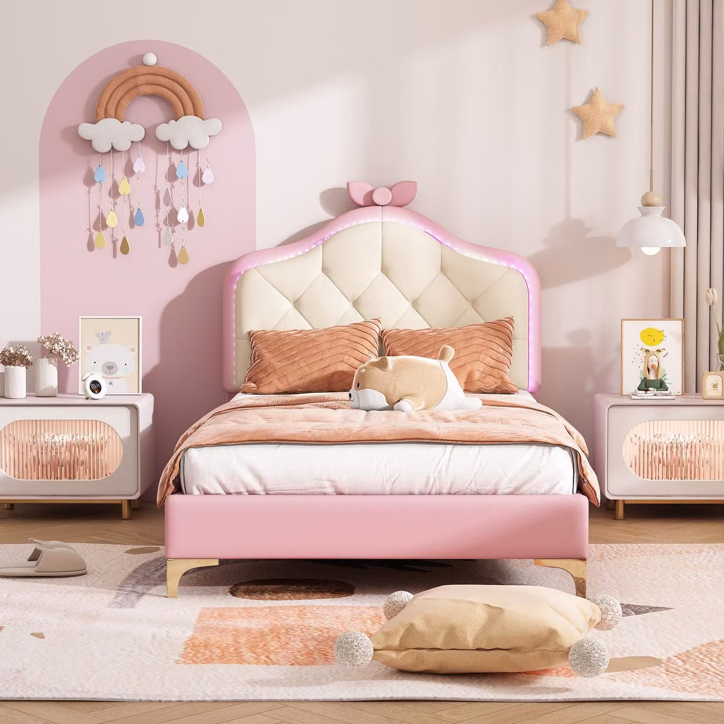 Letto imbottito 90x200cm, letto singolo, con multicolore, letto per bambini con doghe in legno, letto singolo, PU, rosa