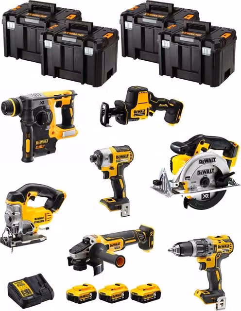 Kit DeWALT DWK702T composto da avvitatore, martello perforatore, smerigliatrice, trapano, seghetto, troncatrice, 3 batterie da 5,0 Ah, caricabatterie e 4 contenitori TSTAK VI, colore giallo