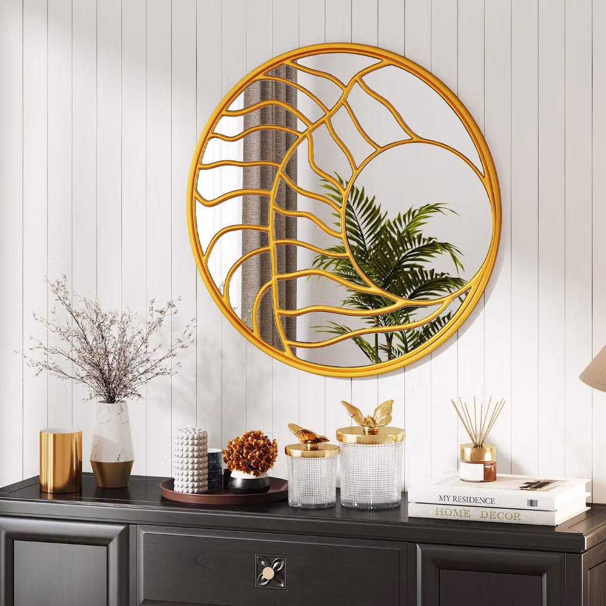 Specchio decorativo da parete rotondo Costway con cornice irregolare in metallo Oro, Diametro: 80 cm