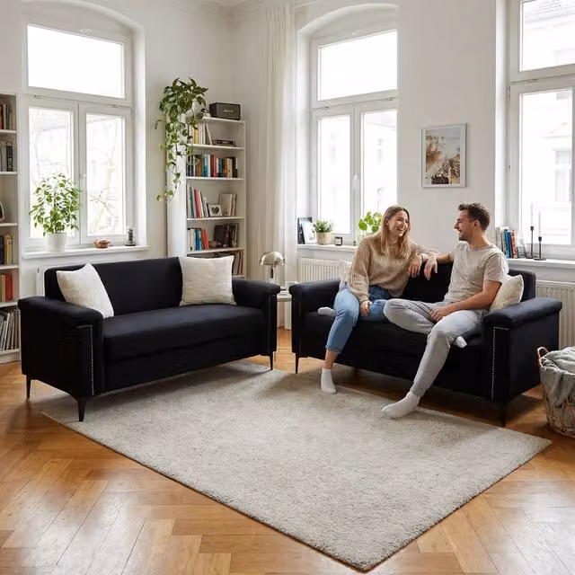 Divano a 2 posti compatto in tessuto con schiuma ad alta densità e piedini in metallo nero 172 × 73,5 cm