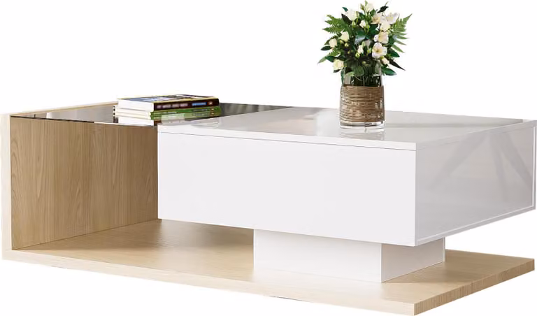 Tavolino Fortuna Lai lucido, 105x55x32,5 cm, con effetto vetro e LED e 1 cassetto, naturale e bianco