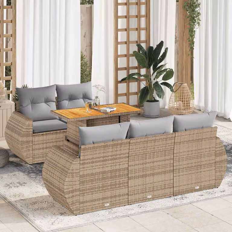 Set Divano da Giardino a L vidaXL in Polyrattan con Cuscini Beige e Tavolino da Esterno 6 Pezzi