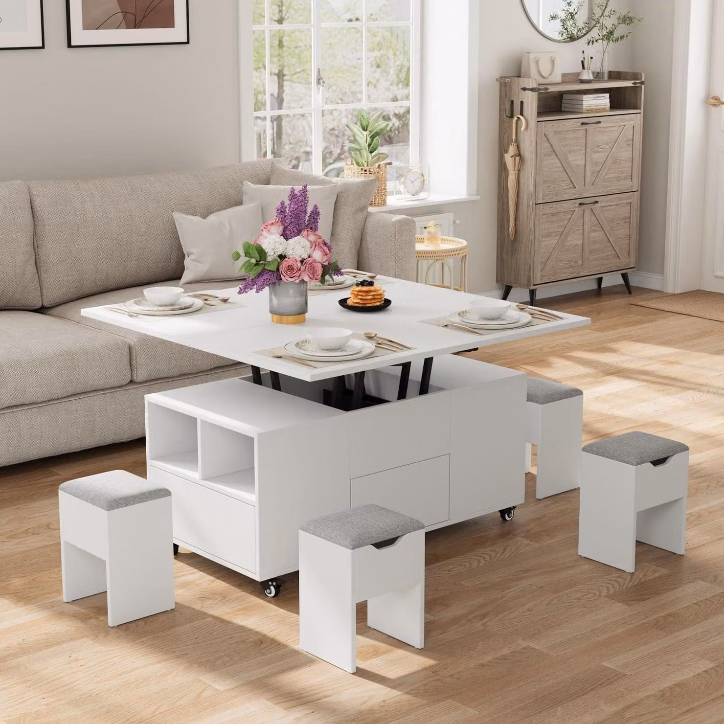 Tavolino da divano, regolabile in altezza, trasformabile, bianco, 106x53x50-68H cm