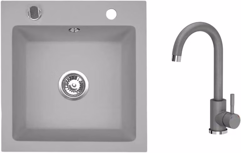 VBChome Lavello in granito 50 x 48 cm Grigio con rubinetteria Vasca singola Lavello da incasso Maculato Lavello di facile manutenzione con sifone Ideale per cucine piccole