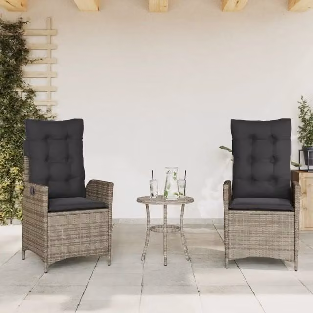 Set di 2 sedie da giardino reclinabili vidaXL in polyrattan grigio con cuscini in tessuto resistente ai raggi UV