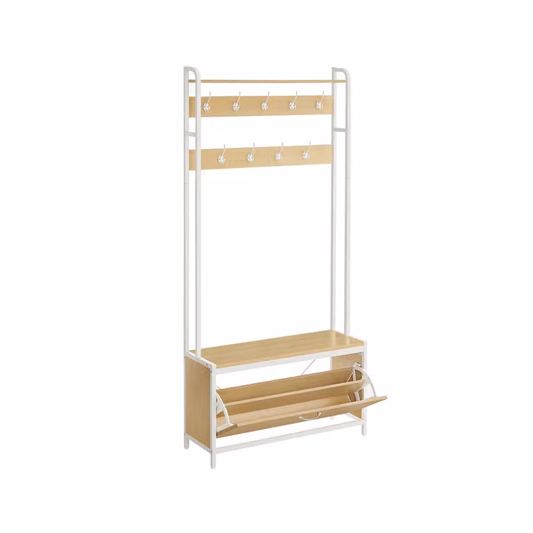 Appendiabiti con Scarpiera a Ribalta Marrone Vintage, Rovere + Bianco / 9 Ganci (30 x 85 x 180 cm)