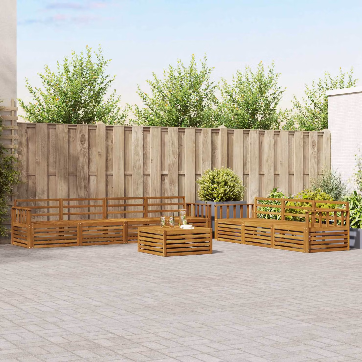 vidaXL Set di divani da esterno a forma di U composto da 8 pezzi in legno di acacia massello marrone con cuscini inclusi