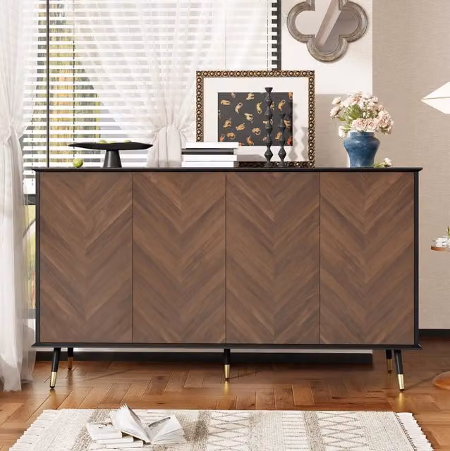 Credenza ULEVR 140x40x80 cm con 4 ante, ripiani regolabili e chiusura ammortizzata, MDF nero e marrone