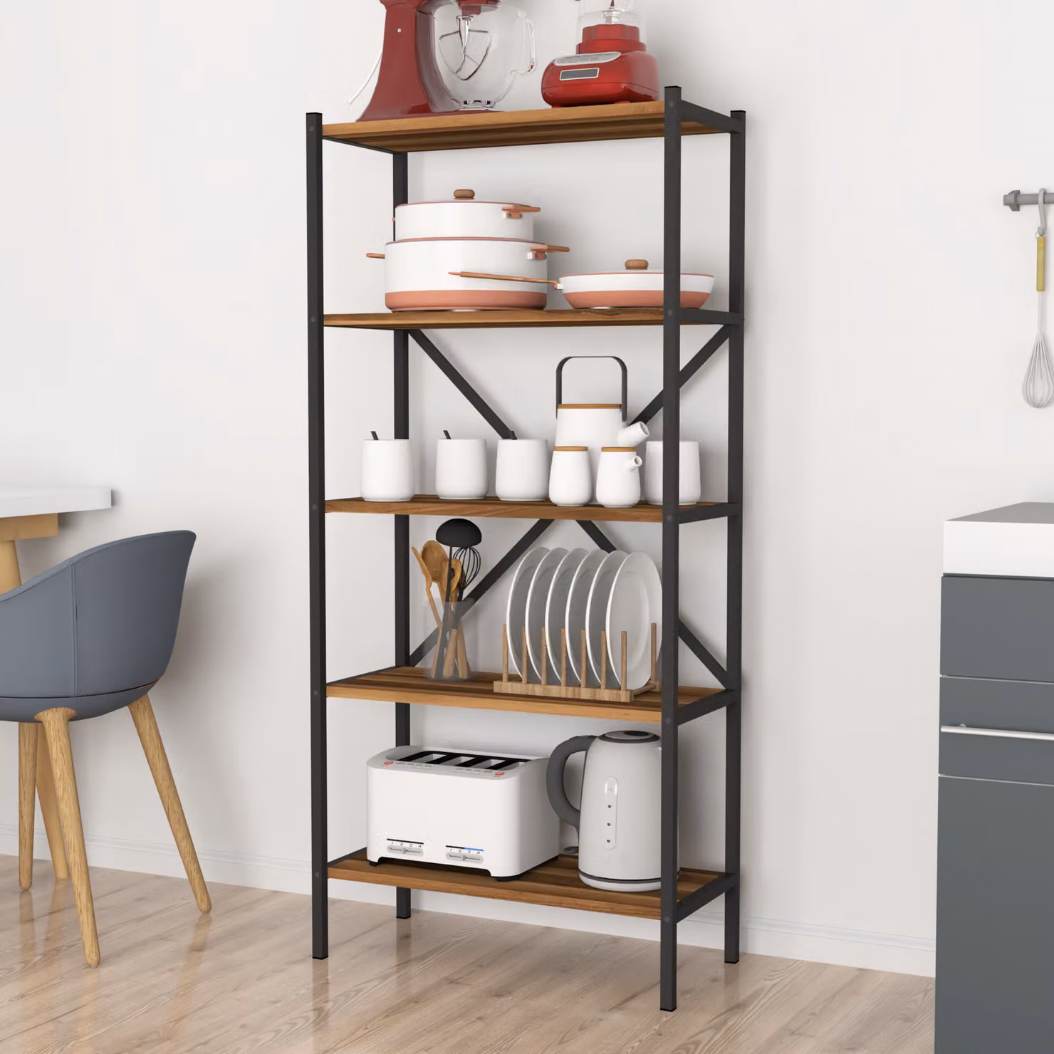 Scaffale da cucina Tomelilla Scaffale in piedi 160 x 66 x 34 cm Portaspezie con 5 ripiani Scaffale aperto per riporre oggetti Scaffale per riporre oggetti Noce / antracite