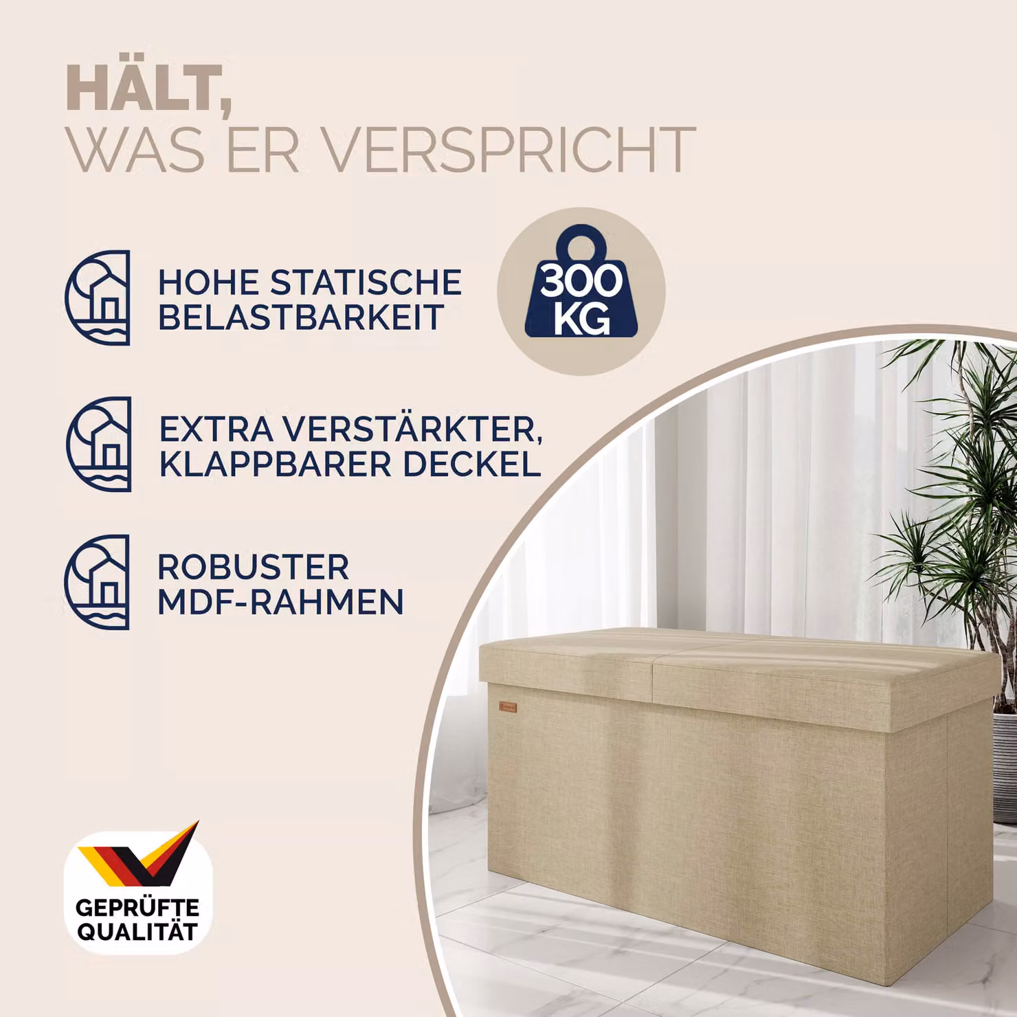 Panca contenitore Casaria beige con coperchio incernierato e imbottitura rimovibile L: 76 cm, P: 38 cm, H: 38 cm – 2