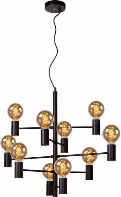 Lampadario a sospensione Lucide Leanne nero in metallo e vetro, dimmerabile, con 10 x E27, Altezza: 75-190 cm, Larghezza: 60 cm