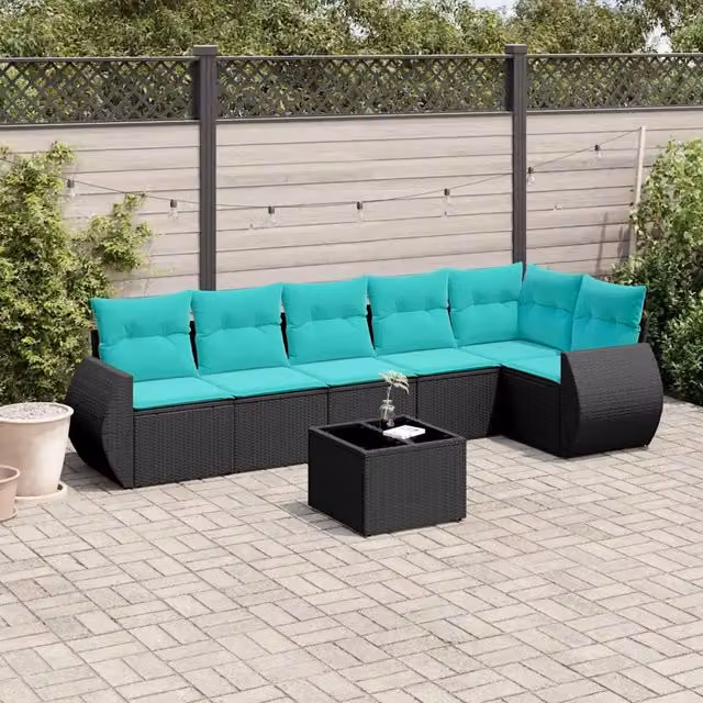 Set Divani da Giardino 7 pz con Cuscini Nero in Polyrattan 3221396