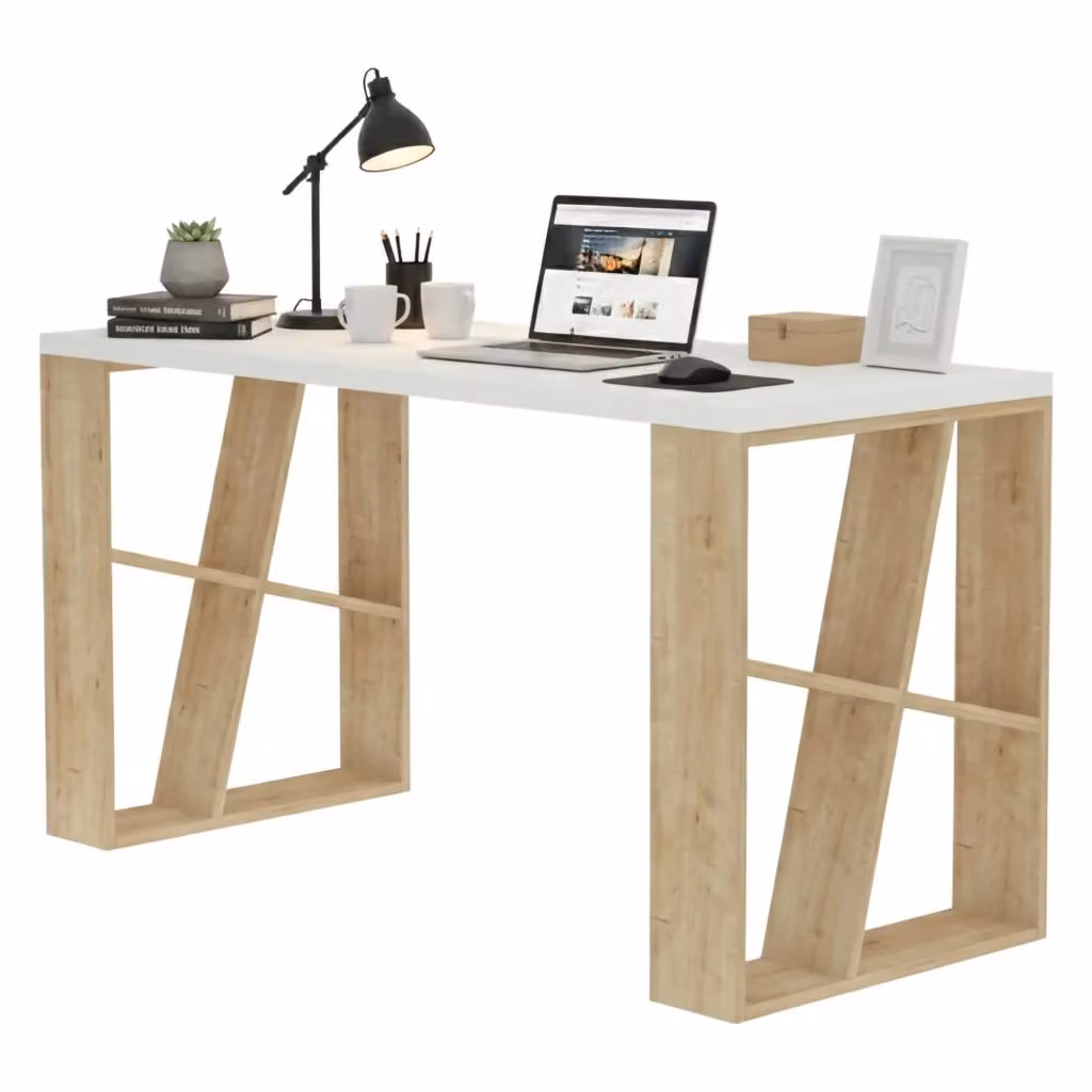 Scrivania DMORA Ernestina per ufficio e casa, tavolo moderno per computer, L 140 cm x P 60 cm x H 75 cm, Bianco e Rovere – 2