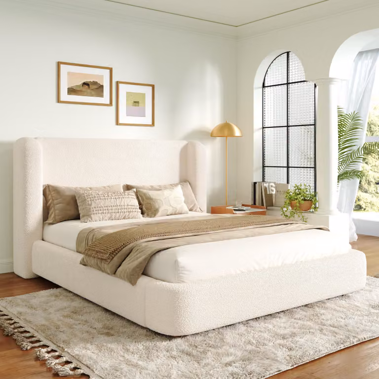 Letto imbottito STILVORA, 140 x 190 cm, con spazio contenitore idraulico, letto matrimoniale con rete a doghe e testiera imbottita, letto multifunzionale con testiera imbottita, colore beige bouclé