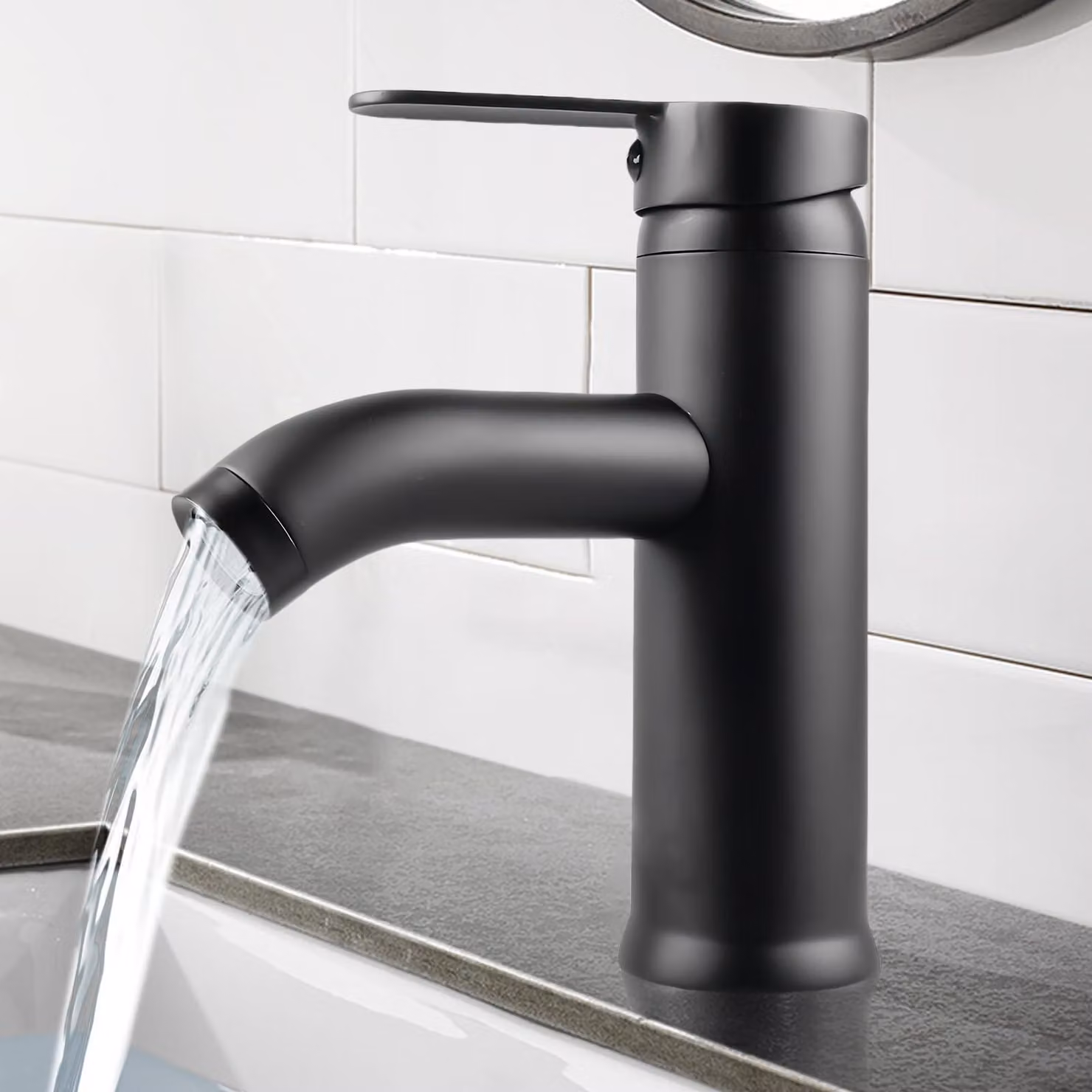 Miscelatore per lavabo, in acciaio inossidabile, colore nero, con due manopole per la regolazione dell'acqua calda e fredda