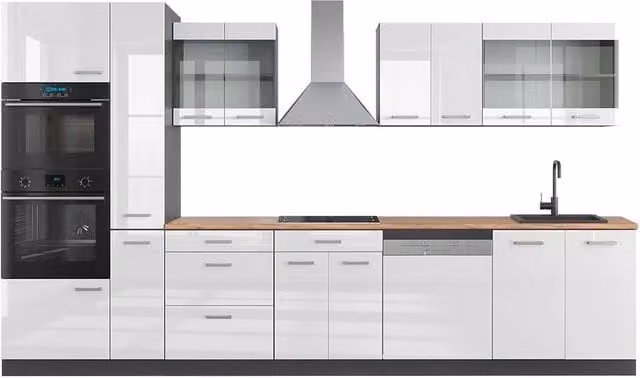 Cucina moderna Vicco R-Line Bianco lucido e Antracite con armadio alto e piano Rovere, L: 350 cm