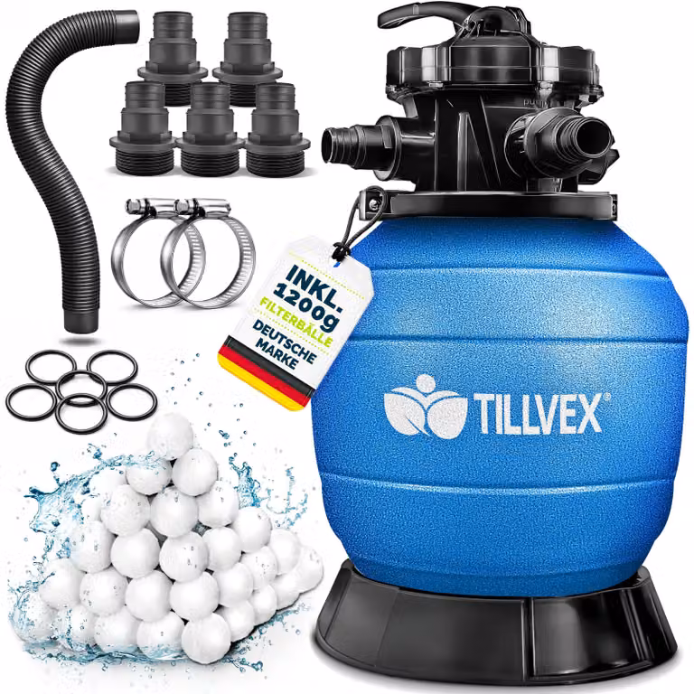 Filtro a sabbia per piscina tillvex® senza pompa + 1200 g di sfere filtranti per piscine fino a 50 m³ (50.000 litri) | Vasca del filtro per piscina con adattatore Ø 32-38 mm | Vasca del filtro a sabbia con valvola a 7 vie, manometro e tubo di aspirazione