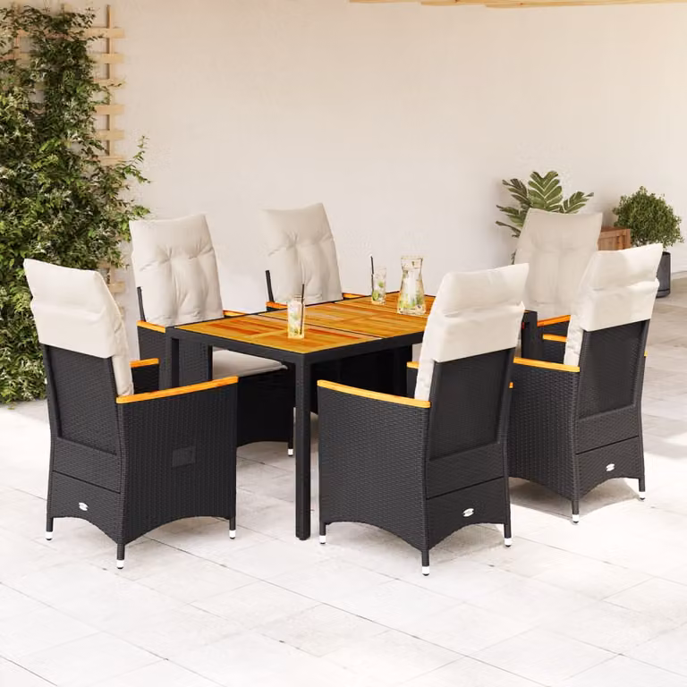 Set da pranzo da giardino vidaXL in legno di acacia oliato e polyrattan con 7 pezzi, nero e bianco