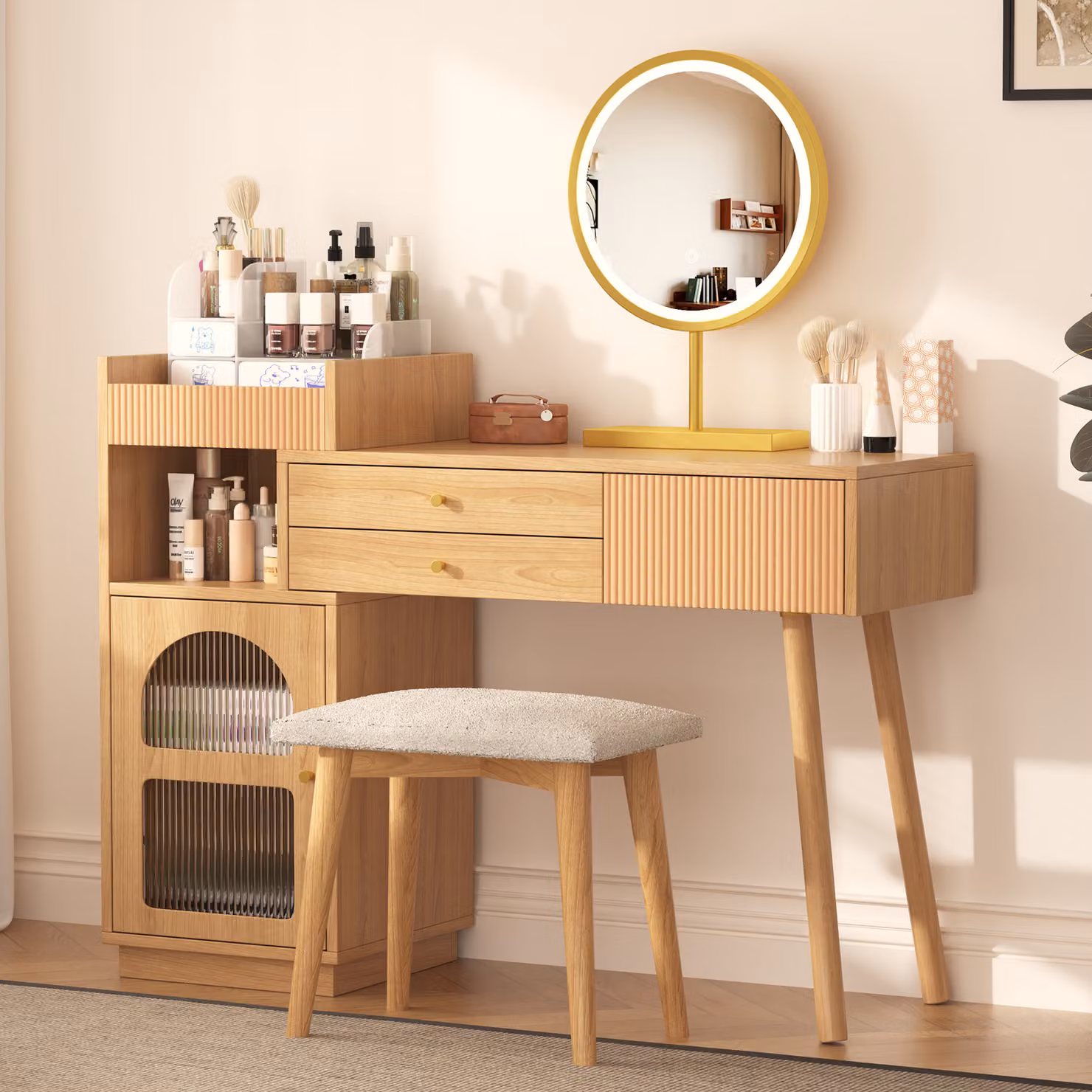 okwish tavolo cosmetico Specchio LED e illuminazione a 3 colori, mobiletto laterale e 3 cassetti, set tavolo da trucco (senza sgabello), L120/H90/T40cm