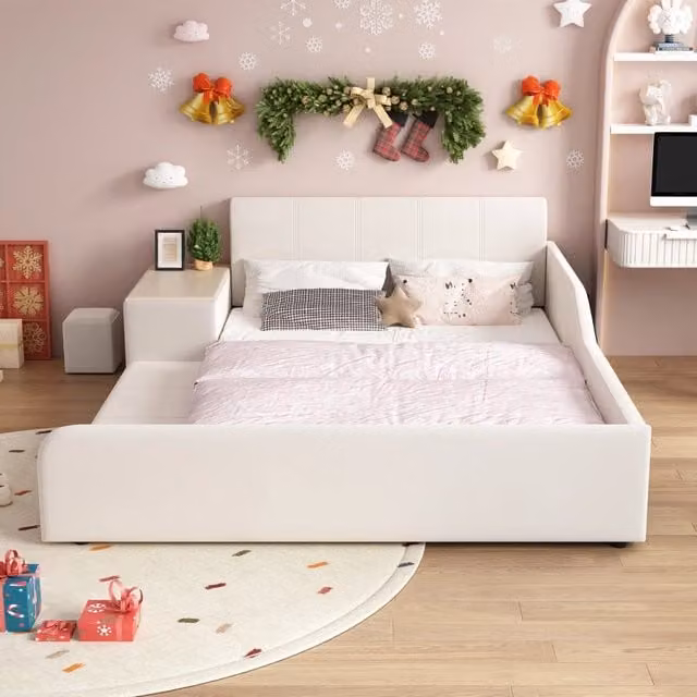 Letto imbottito per bambini 140x200 cm con scrivania; sgabello e ripiano; velluto bianco