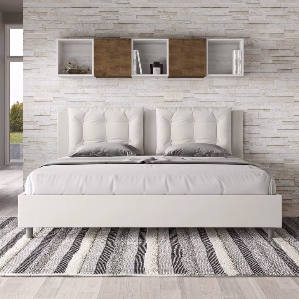Letto Matrimoniale Moderno GIORDANOSHOP in Legno e Tessuto Bianco L: 175 cm, P: 222 cm, H: 110 cm – 2