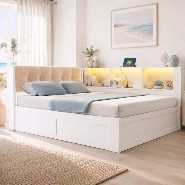 Letto 140x200 cm con contenitore laterale idraulico; LED dimmerabile; USB e mensola; bianco