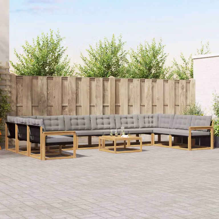Set di divani da esterno vidaXL 11 pz in legno di acacia con cuscini e tavolino da caffè, Bianco, Grigio e Marrone