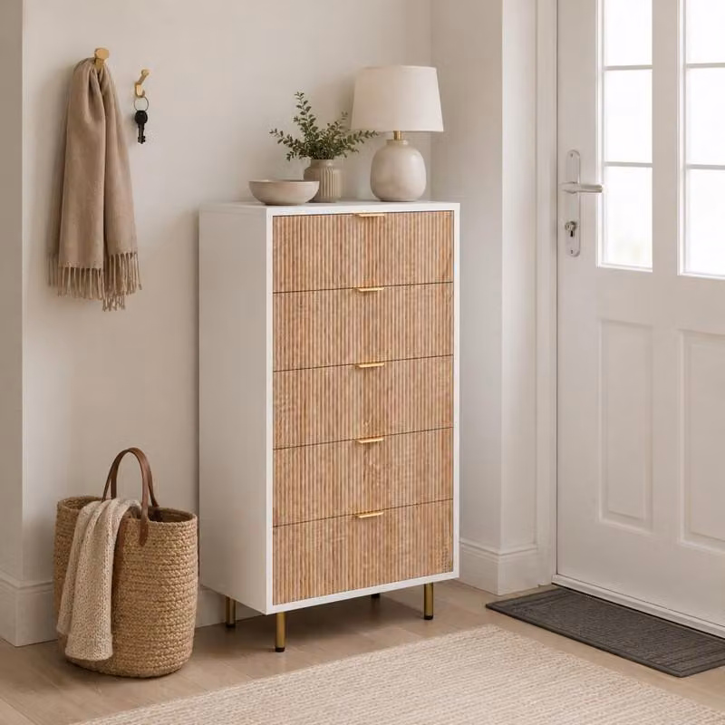 Comodino ProximaX con 5 cassetti, bianco, design moderno con frontale effetto legno e maniglie dorate