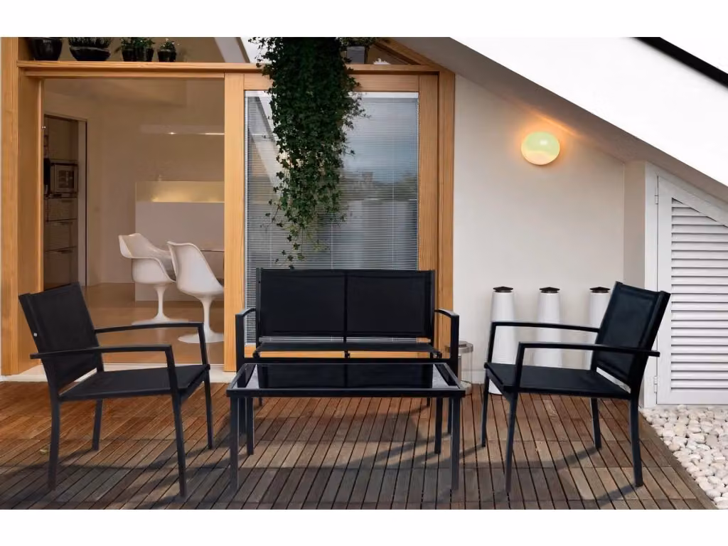 Set da giardino moderno Habitat con divano 2 posti e tavolino da caffè, struttura in alluminio verniciato a polvere e sedute in textilene nero con cuscini inclusi – 2