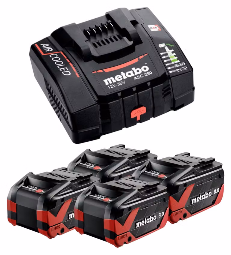 Set base Metabo 4x batteria LiHDX 18 V 8,0 Ah ( 4x 624975000 ) + caricatore ASC 290 ( 627370000 )