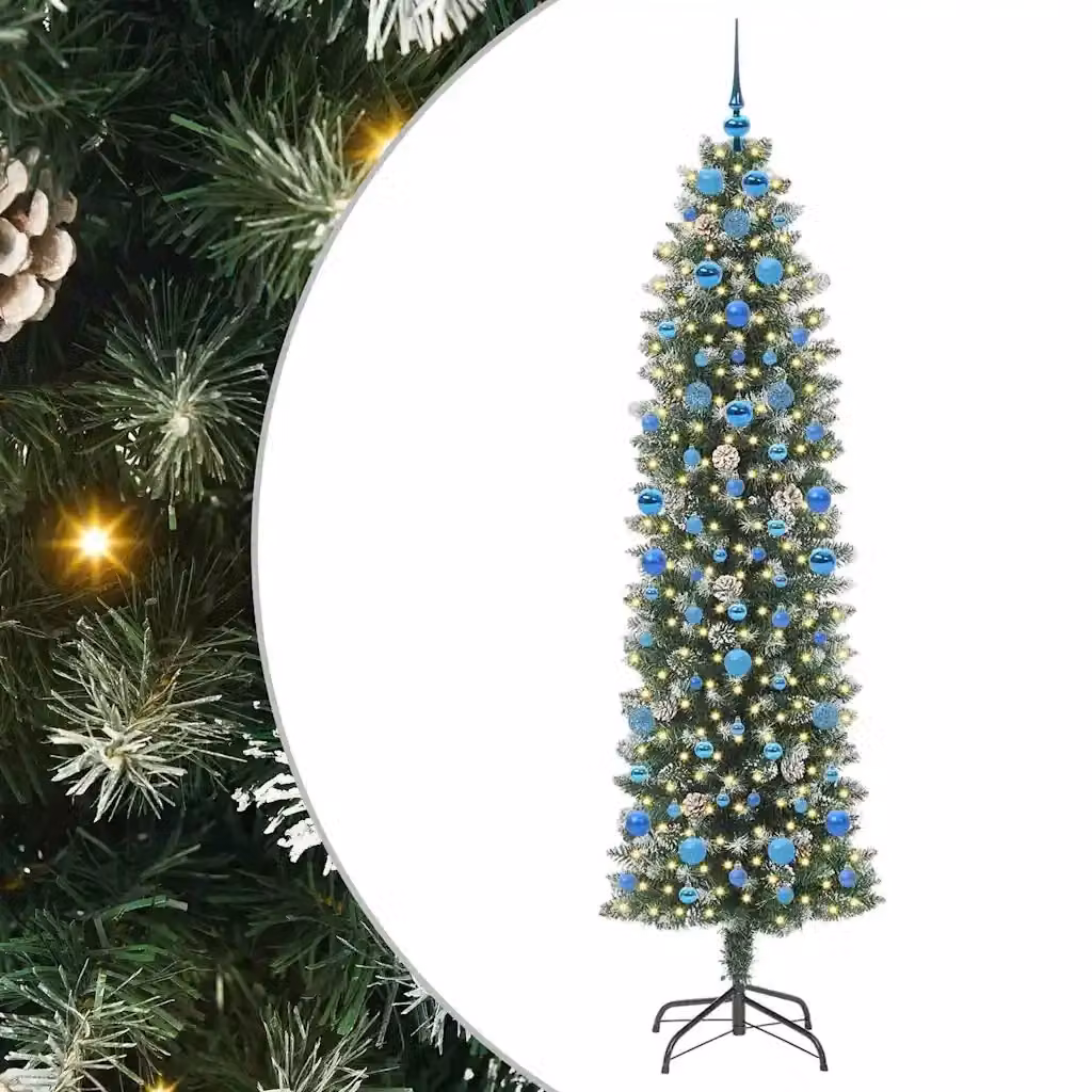 Albero di Natale Artificiale Sottile Moderno vidaXL Verde e Bianco con Luci LED Bianco Caldo – 2