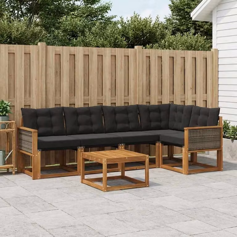 Set di divani da esterno vidaXL 6 pz a forma di L in legno di acacia con tavolino e cuscini, colore marrone e nero