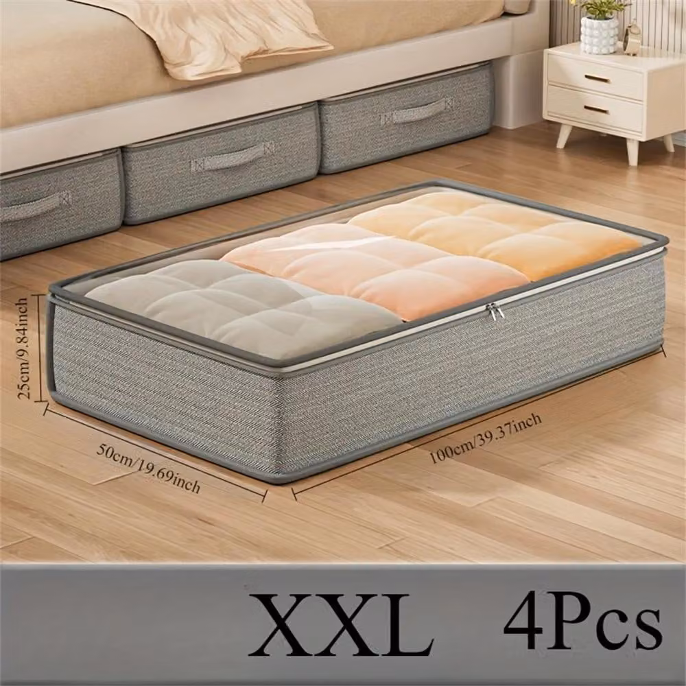 Set di 4 contenitori da riporre sotto il letto - Sacchetti portaoggetti - A prova di polvere - Pieghevoli - In tessuto non tessuto - Per coperte e indumenti - 100x50x25 cm