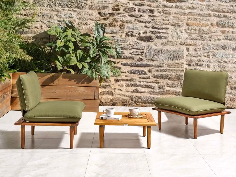 Set da Conversazione da Esterno Beliani in Legno di Acacia con Cuscini Verde Oliva e Tavolino Moderno – 2