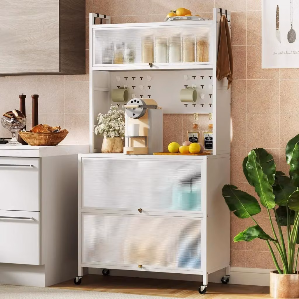Mobile da cucina moderno bianco con 5 ripiani, supporto per microonde e ante a ribalta in metallo laccato – 2