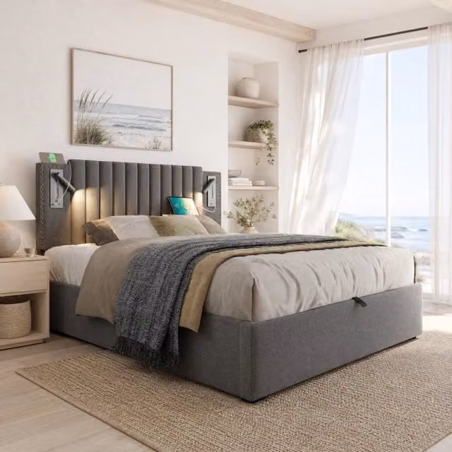 Letto matrimoniale contenitore 180x200 cm in cotone grigio con luci da lettura e ricarica USB HAVRYA