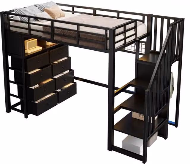 Letto a soppalco 90x200 cm in metallo nero con 8 cassetti, scala contenitore, scaffali e luci LED