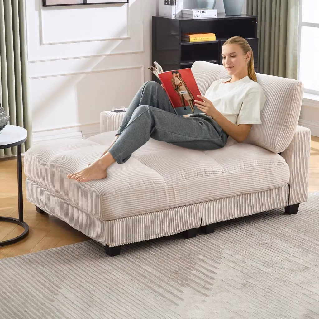 Poltrona Relax Chicfurn in Velluto a Coste Beige con Schienale Regolabile, Porta USB e Portabicchieri, L/P/H: 140 x 112 x 81 cm – 2