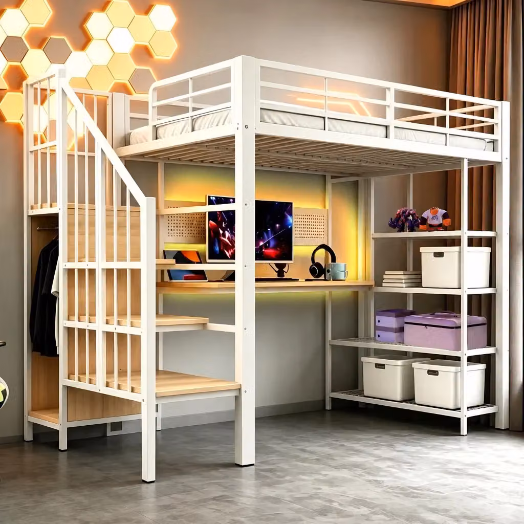 Letto a soppalco singolo REDOM bianco con scala contenitore, illuminazione LED e porte USB, L/P: 90 x 200 cm – 2