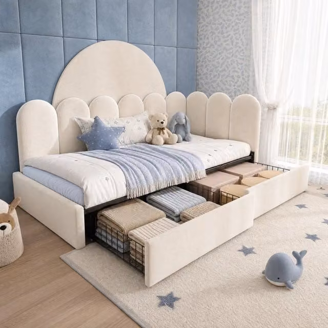 Letto singolo 90x190 cm con cassetti in velluto beige e schienale imbottito