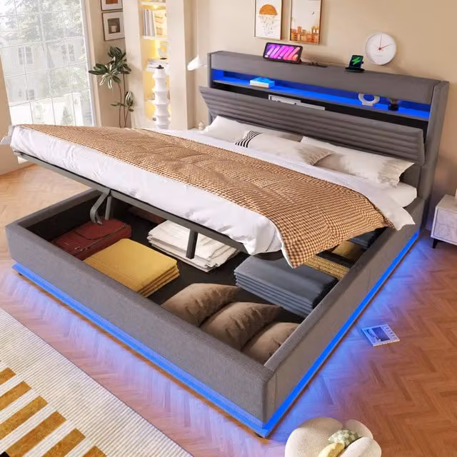 Letto matrimoniale imbottito 180 × 200 cm con testiera LED vano contenitore idraulico USB Type-C in lino grigio
