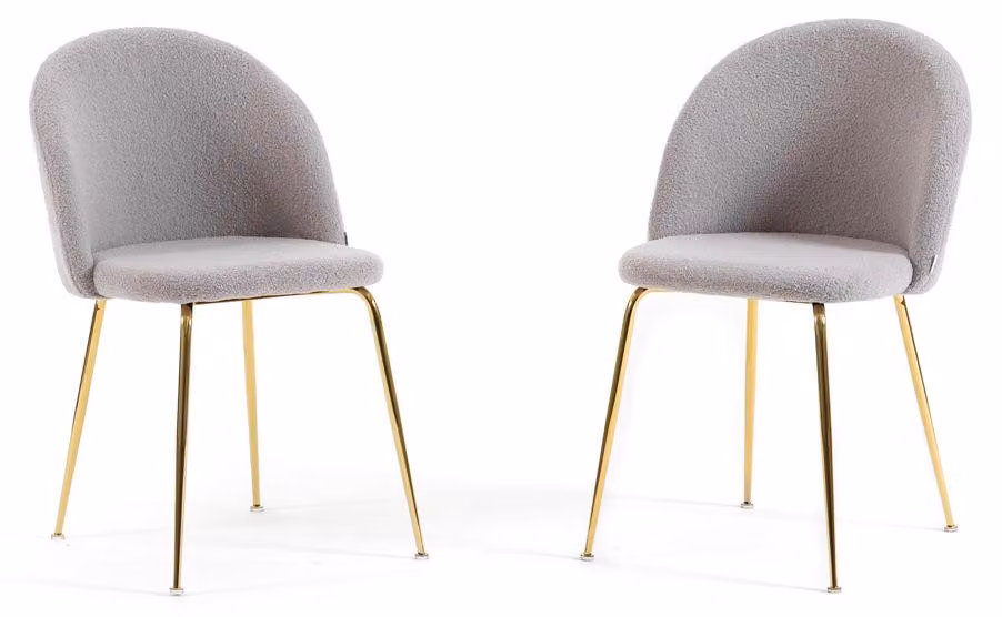 Set di 2 sedie da pranzo in tessuto teddy, imbottite con gambe in metallo, sedie moderne per cucina, sala da pranzo, bar e ristoranti SARA - Grigio chiaro/oro