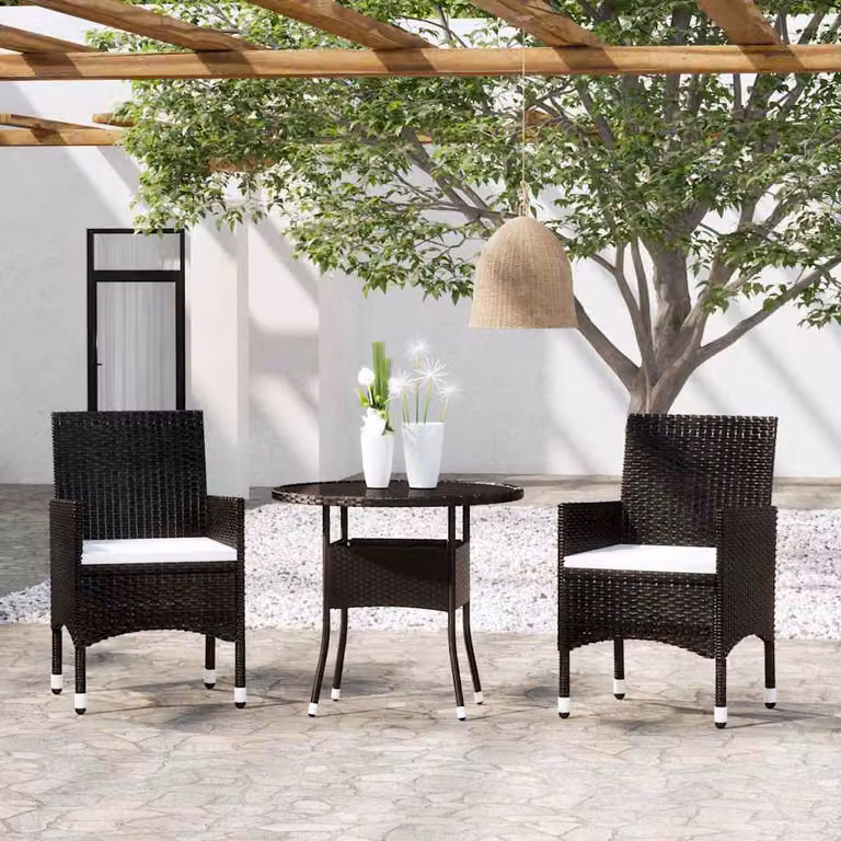 Set da Pranzo per Giardino e Terrazzo vidaXL in Polyrattan Nero con Tavolo Rotondo in Vetro e 3 Sedie