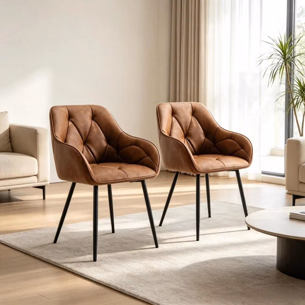 Set di 2 sedie da pranzo MIVRAY con braccioli in similpelle marrone, imbottite con gambe in metallo e schienale ergonomico – 2