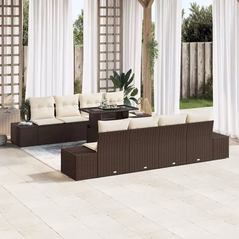 vidaXL Set Divano da Giardino in Polyrattan 9 Pezzi Marrone e Beige con Cuscini e Tavolino