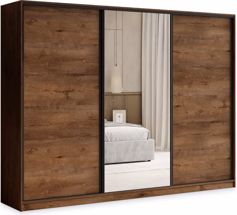 Armadio scorrevole Masseno TARI 270/205/58 cm Armadio con 4 cassetti Armadio per camera da letto a 3 ante con specchio Rovere Lefkas